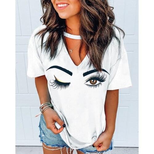 Summer V-Neck Eyes Print Cutout Tee Women Casual Short Sleeve Tie Dye Print T-shirt Beachwear Tie Dye Print Loose Women T-shirt