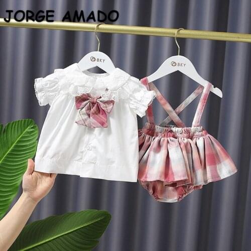 2021 Hot Sale Summer Kids Girls 2-pcs Sets Peter Pan Lace Collar Shirts + Plaid Skirts Children Outwear Preschool Clothes E1233