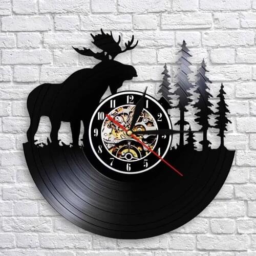 Woodland Deer Wall Decor Retro Vinyl Record Wall Clock Antler Forest Elk King With Pine Tree Hunting Wall Clock Hunter Gift Idea