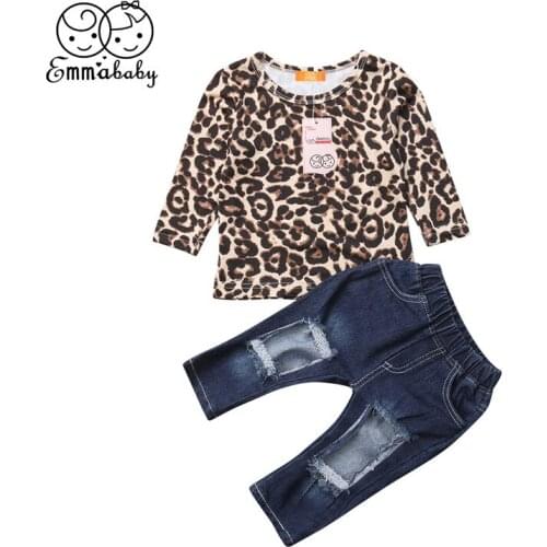 2Pcs Autumn Clothes For Girls 2018 Toddler Baby Girl Long Sleeve Leopard Printed Tops Shirt+Ripped Hole Denim Pants Kids Outfits