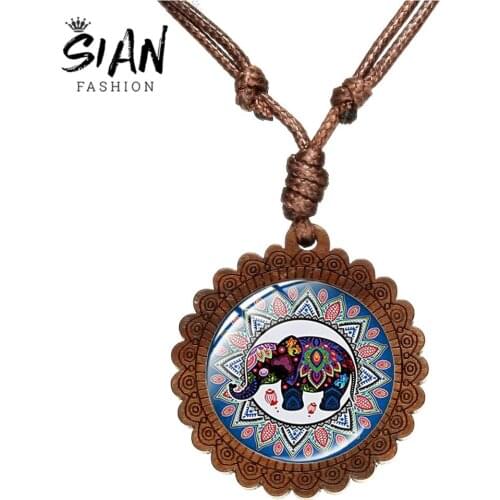 SIAN New Fashion Elephant Mandala Necklace Retro Animal Picture Glass Cabochon Wooden Pendant Jewelry Men Women Good Luck Choker