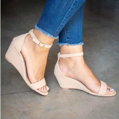 Vrouwen Wig Hoge Hak Sandalen Zomer 2021 Nieuwe Gesp Vis Mond Vrouwen Platte Sandalen Big Size 35-43 Bohemian Sandalen