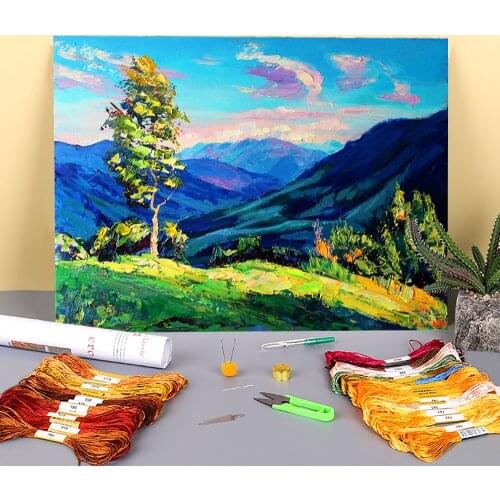 Landscape In The Evening Printed Fabric 11CT Cross-Stitch Set DIY Embroidery DMC Threads Hobby Handiwork Needlework Stamped