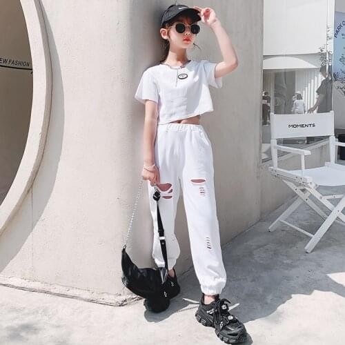Girls Short Slim Fit Short Sleeve + Handsome Ripped Casual Pants Teen Girls Cotton T-Shirt Set 2PCS