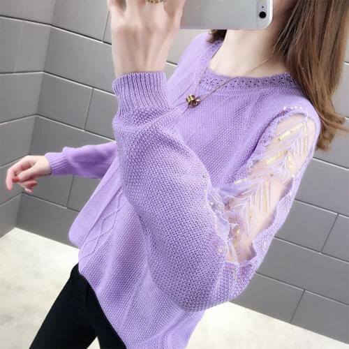 Spring And Autumn Round Neck Thin Sweater Womens Loose Hollow Lace Stitching Long Sleeve Sweater Sequin Decorated Womens Top