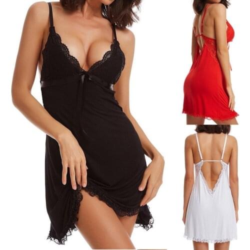 Women Fashion Sexy Lingerie Sleepwear Ladies Comfortable Backless Nightgown Underwear Lace V-neck Adjustable Night Dress 2021