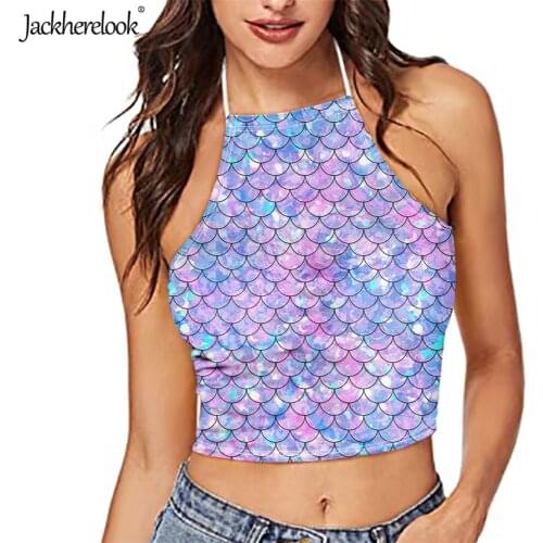 Jackherelook Mermaid Tail Pattern Summer Spaghetti Strap Breathable Vest Tank Tops Sexy Backless Crop Camisole for Teen Girls