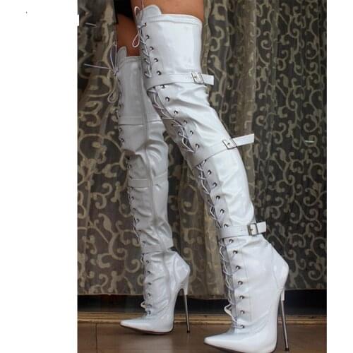 18Cm Pointed Toe High Heel Sexy Fetish Buckle Strap Over-Knee Metal Spike Heel Black Patent Super Long Thigh High Boot Plus Size