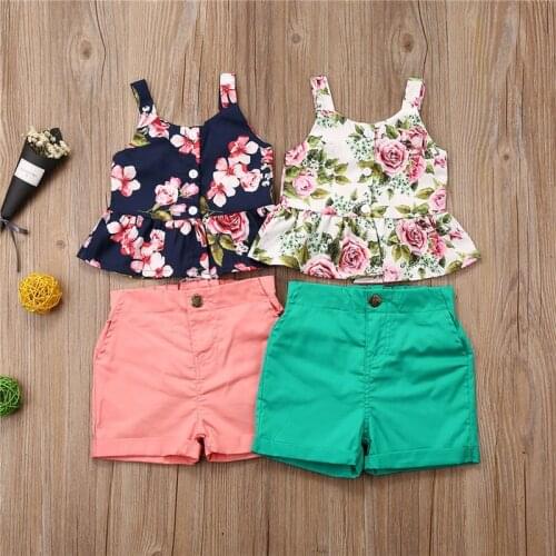 2020 Toddler Kids Baby Girl Clothes Summer 2pcs Sleeveless Floral T-shirt Tops Casual Shorts Outfit Set 1-6Y