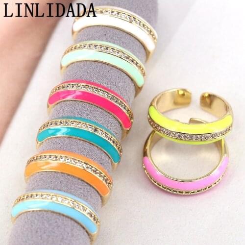 8Pcs CZ Micro Pave Colorful Enamel Band Adjustable Ring, Gold Filled Enamel Open Ring, 2021 CZ Statement Ring