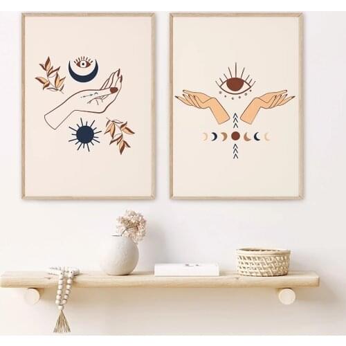 Abstract Boho Style Mystic Hand Sun Moon Scene Frameless Canvas Painting Wall Art Pictures Posters for Living Room Home Decor