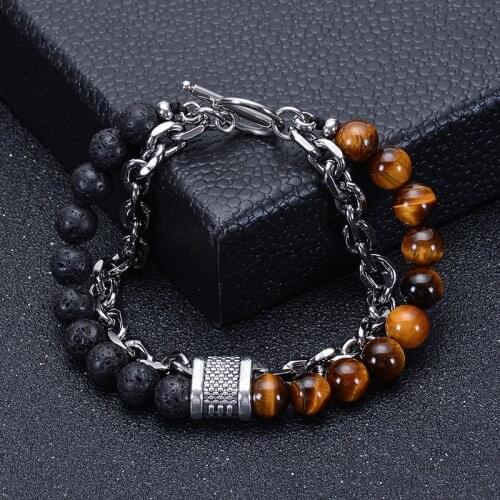 New Natural Stone Metal Chain Bracelet Mens Beaded Yellow Tiger Eye Volcanic Stone Bracelet Fashion Personality Jewelry