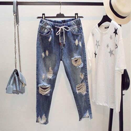 Zomer Ripped Jeans Elastische Taille Trekkoord Jeans Dames Verontruste Enkellange Harembroek Denim Mujer Met Gaten