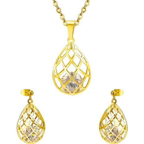LUXUKISSKIDS Crystal Jewelry Sets Gold Stainless Steel Necklace Pendant Earring For Women Fashion Dubai Wedding Jewelry set Girl
