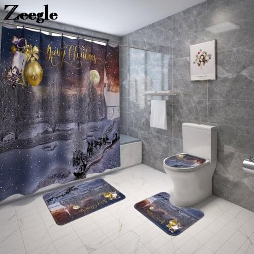Christmas Style Snow Printed Bathroom Carpet Toilet Seat Cover Mat Anti-slip Floor Carpet and Waterproof Shower Curtain Set
