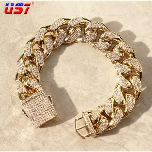 US7 20mm Miami Prong Cuban Link Bracelet For Men Women Gold Silver Color Cubic Stones Necklace Hip Hop Rapper Jewelry Gifts