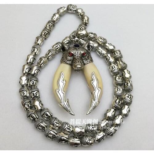 Wolf tooth pendant necklace fidelity dog teeth double pack silver evil protect peace men born year gifts Buddha head chain