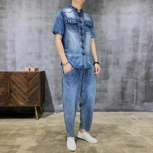 Summer Mens Half Sleeve Shirt Denim Blue Two Pieces Set Long Trousers Stand Collar Shirts Retro Chinese Style H88