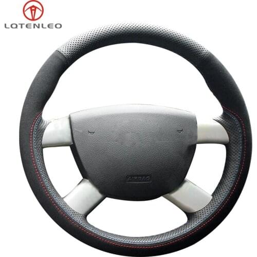 LQTENLEO Black Genuine Leather Suede Car Steering Wheel Cover For Ford Kuga 2008-2011 Focus 2 2005-2011 Focus 3 2012-2014 C-MAX