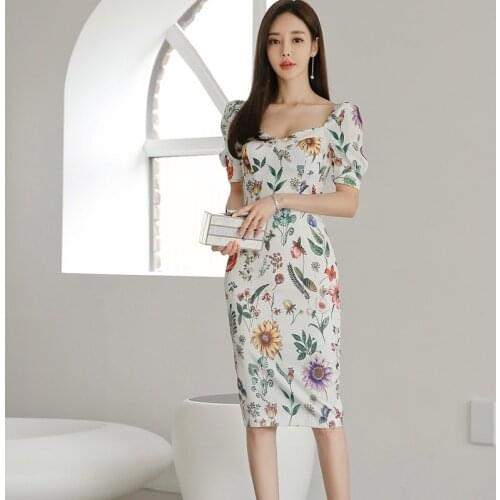 Fashion V-neck Short Sleeve Floral Print Women Dress Ruffles A-line Summer Female Dress Slim High Waist Office Vestidos Lady