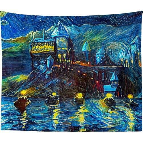 Starry Night Castle Night Boats Wall Hanging Tapestry