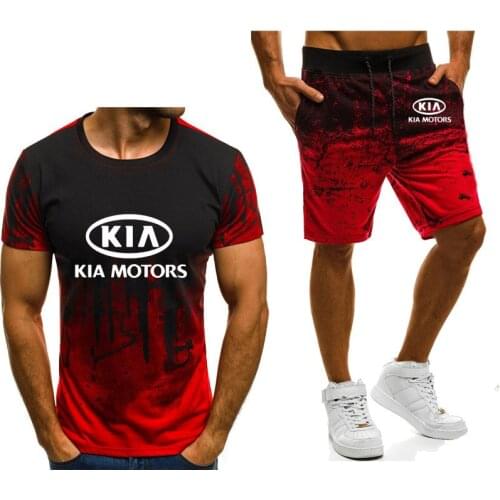 New 2021 Mens short sleeve for KIA Car Logo Printed Gradient Fashion High Quality Mens T-Shirt Pants Suit 2Pcs G
