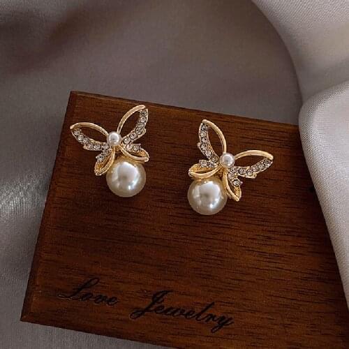Fashion Korean Butterfly Wings Shiny Butterfly Pearl Drop Earrings For Women Elegant Pearl Tassel Pendientes Party Jewelry