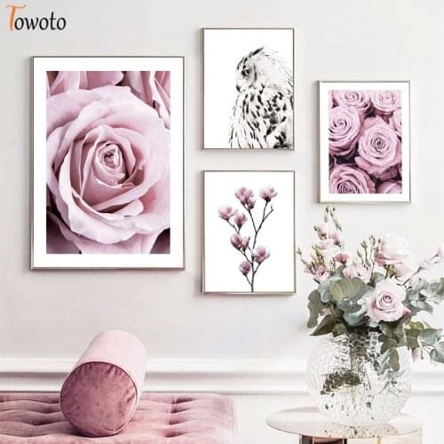 Pink Rose Fashion Wall Art Poster Print Flower Owl Canvas Painting Nordic Animal Decorative Picture For Living Room Decor