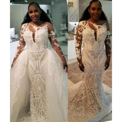 Plus Size Mermaid Wedding Dresses Detachable Train 2021 Long Sleeve Sparkly Lace Applique African Garden Wedding Gown