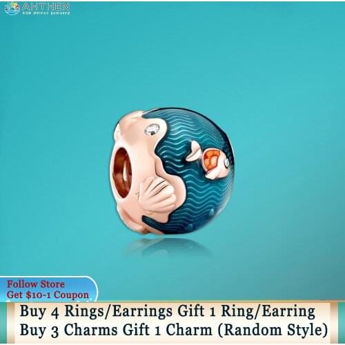 Ahthen 925 Sterling Silver Shimmering Ocean Waves & Fish Charms fit Original Pandora Bracelets Women Jewelry Making Girl Gift