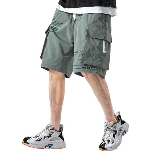 Streetwear Men Cargo Shorts Side Pockets Hip Hop Cotton Ribbons Joggers Black Shorts