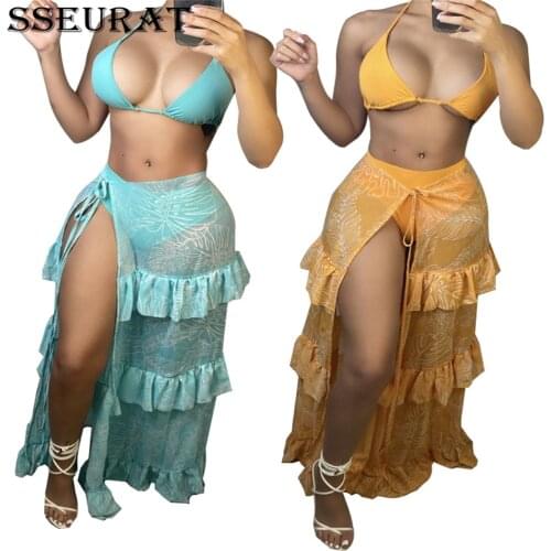 SSEURAT Women Mesh Crop Top and Skirt Two Pieces Set Sexy Beach Ruffle Summer
