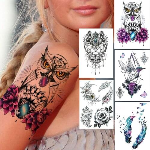 Clever Owl Flower Temporary Tattoos Sticker For Women Men Adults Fake Diamond Hummingbirds Feather Tattoo Black Bird Tatoo Paste