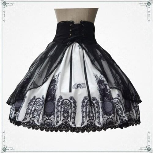 Beautiful Vintage Cross Church Pattern Black & White Double Layers Skirt Lolita SK Cross Tie Elastic Waist Cute Big Hem Skirt