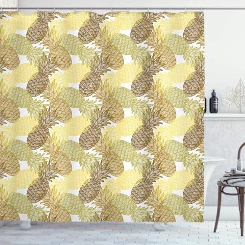 Yellow Brown Pineapple Shower Curtain Summer Themed Overlapping Curving Exotic Tropical Pineapples Lines Print Bathroom Curtain