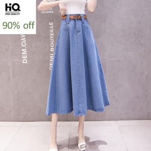 Fashion 2020 New Midi Denim Skirts Womens Vintage High Waist Slim Splice A-Line Skirt Streetwear Office Pleated Flared Skirt