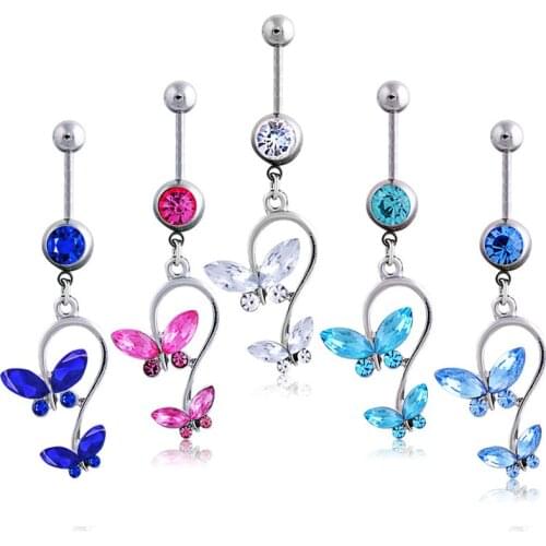 Women Sexy Belly Bar Navel Ring Hiphop Butterfly Rhinestone Belly Button Rings for Women Body Jewelry Dangle Navel Piercing