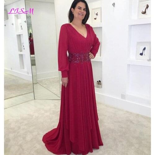 Plus Size Burgundy Mother Of The Bridal Gowns Muslim Evening Dresses Elegant Chiffon Beaded Long Prom Dress