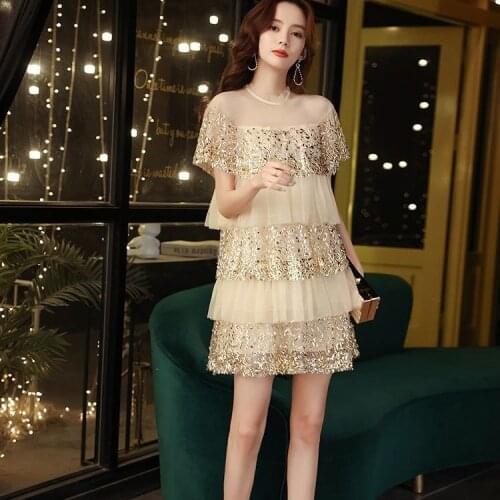 2021 Summer Sweet Cupcake Dress Mesh Patchwork Sequins O-neck Short Sleeve Elegant Party Princess Cocktail Dresses 6190