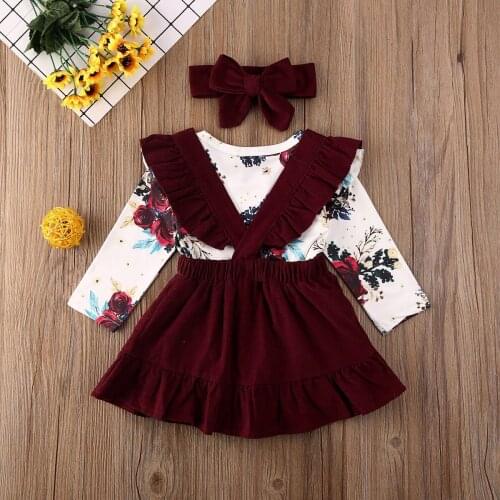2021 Baby Spring Autumn Clothing Toddler Kids Baby Girl Ruffle Long Sleeve T-shirt Top Overall Skirt Headband 3Pcs Outfit Set