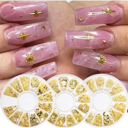 12 Grids Metal Frame Nail Rivets Mixed Shell Geometry Moon Star Gold 3D Stud Nail Art Tips Decorations Manicure Jewelry Tools