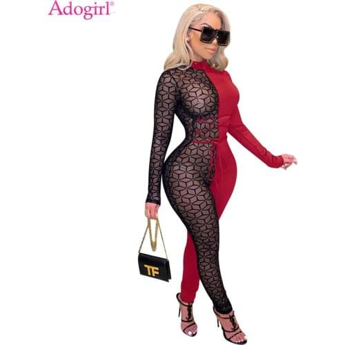 Adogirl Sheer Mesh Patchwork Women Sexy Lace Up Jumpsuit Turtleneck Long Sleeve One Piece Overall Night Club Party Romper