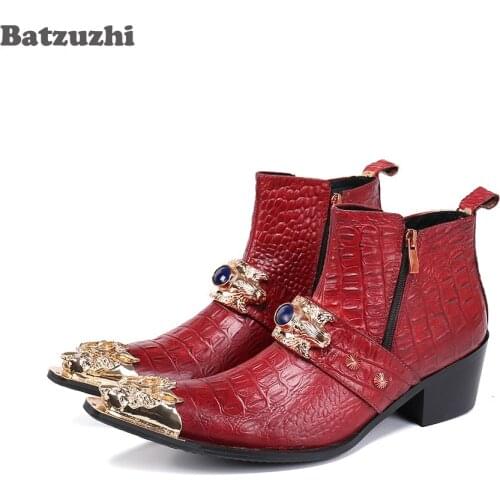 Batzuzhi 6.5cm High Heels Mens Boots Handmade Genuine Leather Ankle Boots Men with Golden Metal Toe for Business /Party Botas