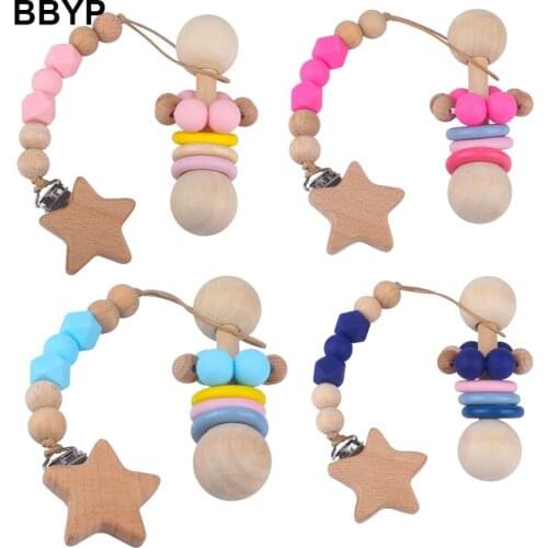 Baby Toys Wooden Rattle Beech Star Bracelet Bell Pacifier Clip Baby Rattle Personalized Pacifier Chain Rattles Educational Toys