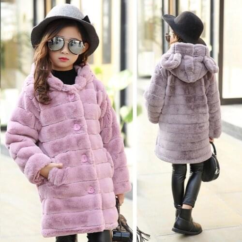 Children Girls Cute Wool Coats With Ears Hooded Outerwear Kids Winter Long Coats Fashion Girls Thicken Outerwear