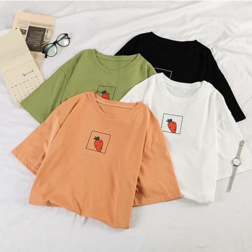 90s Girl Fashion T Shirt Women Kawaii Carrot Print Short Sleeved O-neck T-shirts Vintage Ullzang Tshirt Harajuku Top Tees Female