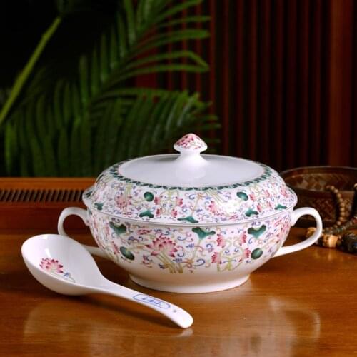 Jingdezhen ceramic powder color soup bowl with lid and ear not hot soup pot Chinese household high quality bone china soup bowl