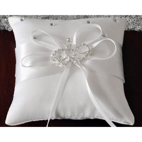 10*10cm White Double Heart Crystals Rhinestones Buckle Lace Wedding Ceremony Satin Ring Bearer Pillow
