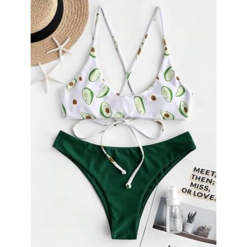 Summer Bikini Sets Ladies Split Swimwear Set Adults Women Leisure Style Creative Avocado Printing Lace Up Sexy Backless