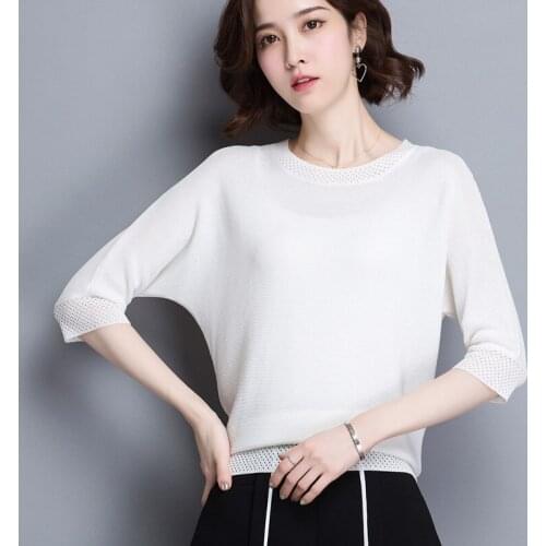 Summer Korean T-shirt Women Short Sleeve Pure Color Top Female Loose Round Collar Thin Ice Hemp Knitted T-shirts Clothes H9315